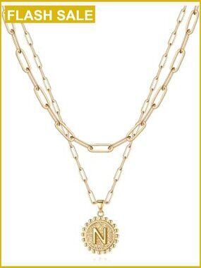Layered Initial Necklaces for Women 14K Gold Plated Paperclip Chain A-Z